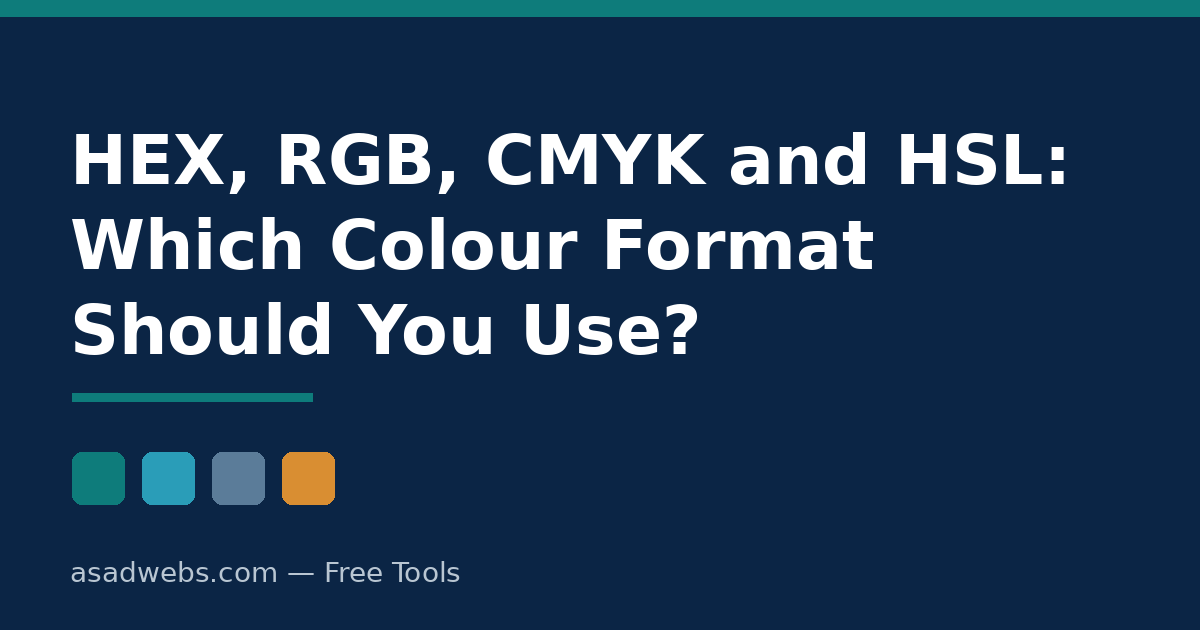 HEX, RGB, CMYK and HSL colour formats compared using one teal colour